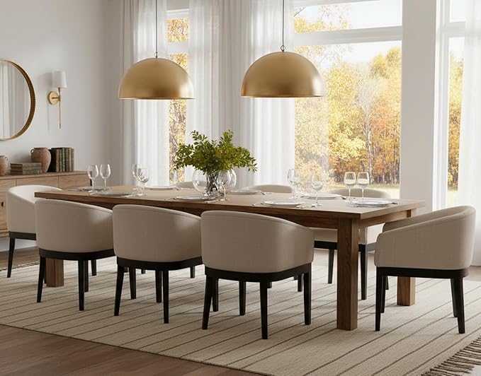 Mid-Century Modern Beige Dining Chairs Set of 8, Linen Upholstered Kitchen Dining Room Chairs with Black Wood Legs, Curved Backrest Armchairs, Beige