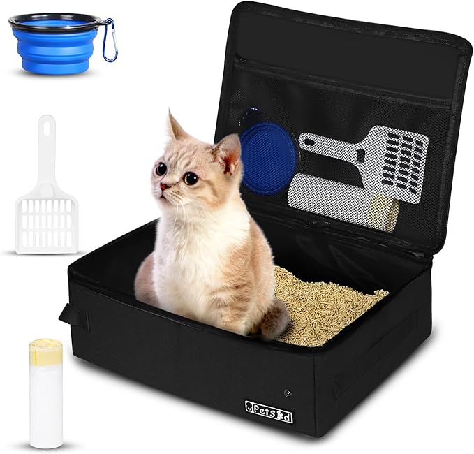 Petskd Portable Cat Travel Litter Box with Lid and 10 pcs Disposable Liner Bags, Leak-Proof and Collapsible, Cat Travel Essentials for Car, Hotel, Airplane and Other Outdoor Use(Black)