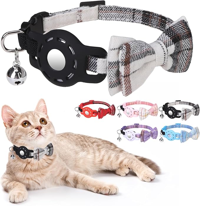 Airtag Cat Collar with Bells and Bowtie -Safety Elastic Band Kitten Collar for Apple Air Tag Holder- Cute GPS Cat Tracker Collars for Girl Boy Cats and Puppies, Adjustable 8"-12" Beige