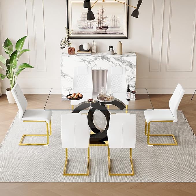 63'' Glass Dining Table Set for 6, Kitchen Table Chairs Set of 6, Clear Glass Dining Table with Black unique design Leg and Gold Metal Base, 6 PU Dining Chairs with Metal Legs, Living Room, Kitchen.