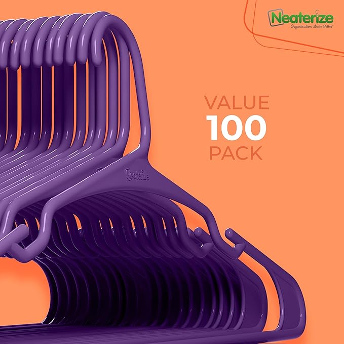NEATERIZE Clothes Hangers Plastic 100 Pack for Adults - Plastic Hangers, Perfect Coat Hanger and Space Saving Clothes Hangers for Closet, Percheros Ganchos para Colgar Ropa Hangars - Purple Hangers
