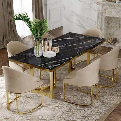 POVISON Marble Dining Table for 6, Modern Dining Room Table 63" for Kitchen & Dining Room, Black Marble Table Top with Luxury Gold Trestle Pedestal(Dining Table Only)