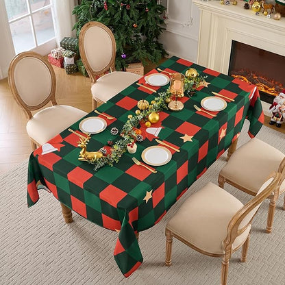 Christmas Tablecloth Rectangular 60x102 Inch Waterproof Table Cloth for 6ft, Washable Polyester Table Cover for Xmas Party, Winter Holiday Home Decoration in Festive Checkered Star 1pack