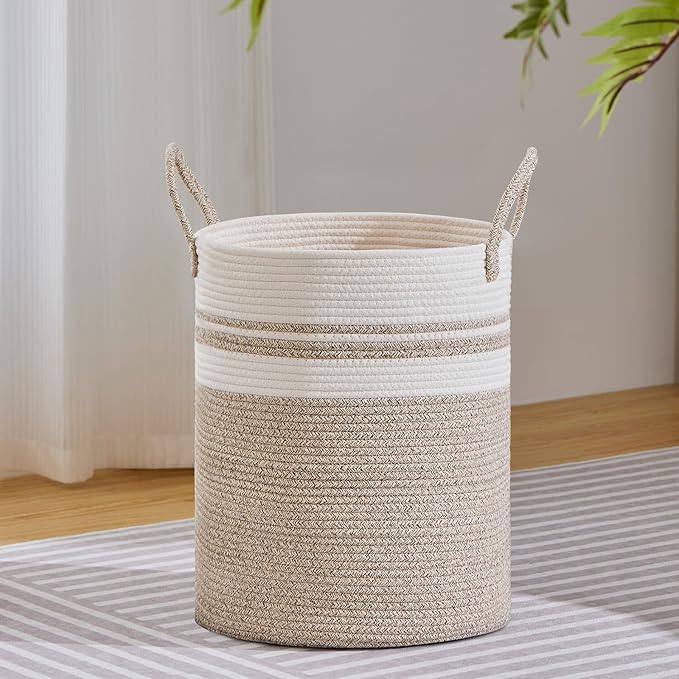 VIPOSCO Large Laundry Hamper, Tall Woven Rope Storage Basket for Blanket, Toys, Dirty Clothes in Living Room, Bathroom, Bedroom - 53L Brown & White