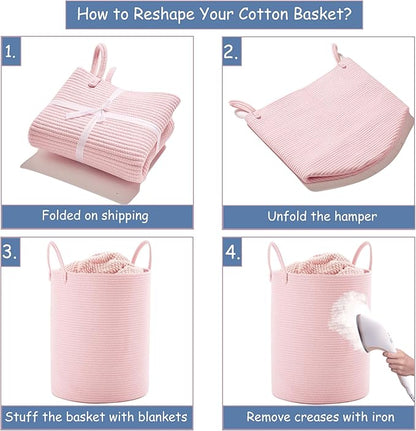 80L Extra Large Pink Hamper Laundry Basket for Baby Girls Tall Nursery Hamper for Kids Woven Rope Clothes Basket for Little Girls Room Bedroom Light Pink Kawaii Tall Laundry Bin
