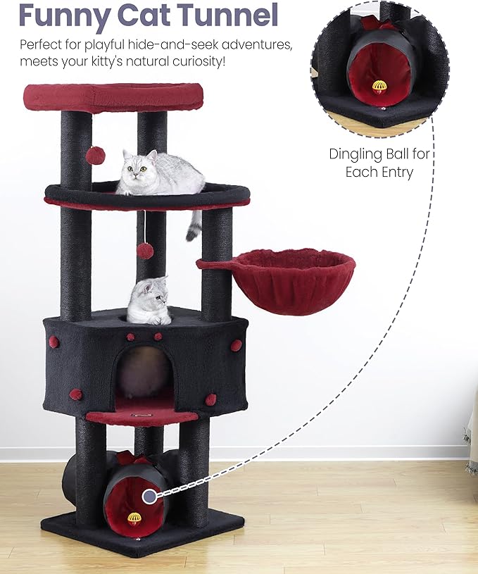 Cat Tree Tower for Indoor Cats Large Adult - Heavy Duty Extra Wide Scratching Post (φ4.4in) Maine Coon Condo House with Hammock Tunnel - 60 Inch XL Feline Bed Trees - Big Multi Level Cat Houses Stand