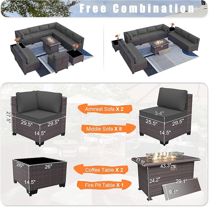 Kurapika 13 Pieces Patio Furniture Set, Rattan Wicker Outdoor Conversation Sets w/43in Propane Fire Pit Table and 4 Inch Cushion(Grey)