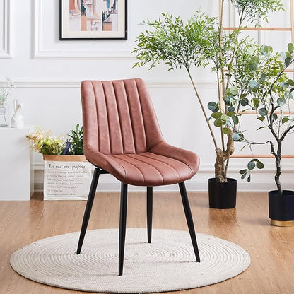 Dining Chairs Set of 2, Faux Leather Modern Linear Design Dining Chair with Metal Legs, 16.9" Seat Width Chair for Kitchen, Lounge, Reception Room, Restaurant, Commercial (Brown)