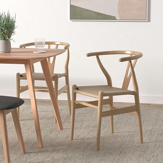 Tomile Wishbone Chair Y Chair, Wooden Dining Chairs Set of 2, Mid Century Modern Chairs with Arms, Solid Wood Weave Seat Kitchen & Dining Room Chairs (Ash Wood - Natural Wood Color)