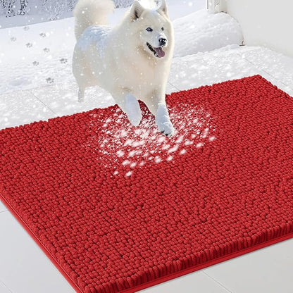 IM HOME Dog Door Mats for Muddy Paws, 36" X 24" Christmas Chenille Absorbent Doormat, Non Slip Heavy Dog Rugs for Muddy Paws, Soft Indoor Door Mat for Entryway, Mud Paw, Inside Floor, Red
