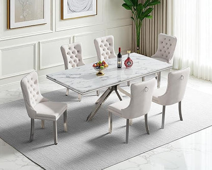 Goujxcy Luxury Dining Table Set for 6 Modern 7 Piece Faux Marble Dining Table Set with 6 Tufted Upholstered Chairs, 70" Faux Marble Kitchen Table & 6 Chairs with Mirrored Stainless Steel Base