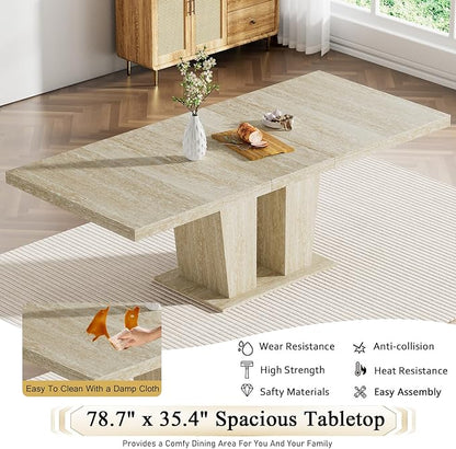 Goujxcy 5-Piece Extendable Dining Table Set for 4, 63-78 Inch Faux Travetine Kitchen Table Set with 4 Blue Upholstered Chairs Modern Wood Expandable Dining Room Table Set for Kitchen Apartment