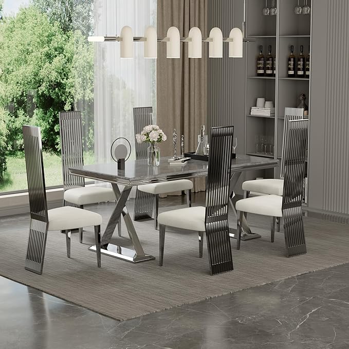 Silver Dining Chair Set of 4, White Boucle Dining Chairs with Polished Silver Stainless Steel Backrest and Legs, Modern Elegant Upholstered Dining Room Chairs for Dining Room Kitchen Restaurant