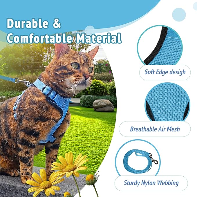 Cat Harness and Leash Set,Escape Proof Adjustable Cat Harness,Soft and Breathable Kitten Harness and Leash with Reflective Strips for Walking and Traveling(Light Blue, X-Small(3.3-8.9lb))