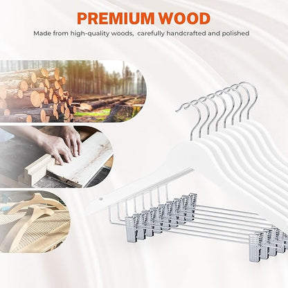 HOUSE DAY Wooden Hangers with Clips 24 Pack, Heavy Duty White Wood Pants Hanger, Premium Skirt Hanger with Adjustable Clips, Solid Clip Hangers for Suit, Blouse, Dress, Coat, Jacket, Bottom