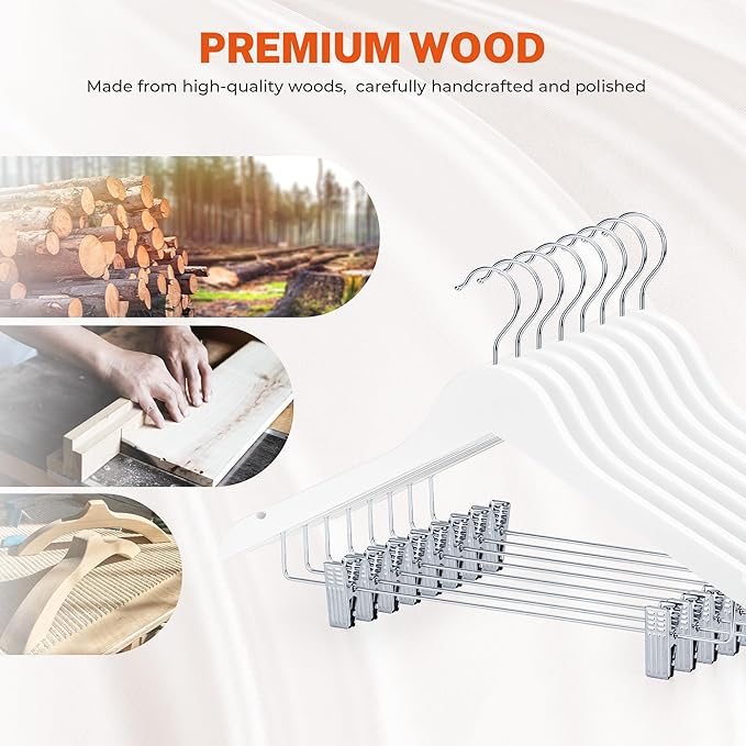 HOUSE DAY Wooden Hangers with Clips 12 Pack, Heavy Duty White Wood Pants Hanger, Premium Skirt Hanger with Adjustable Clips, Solid Clip Hangers for Suit, Blouse, Dress, Coat, Jacket, Bottom