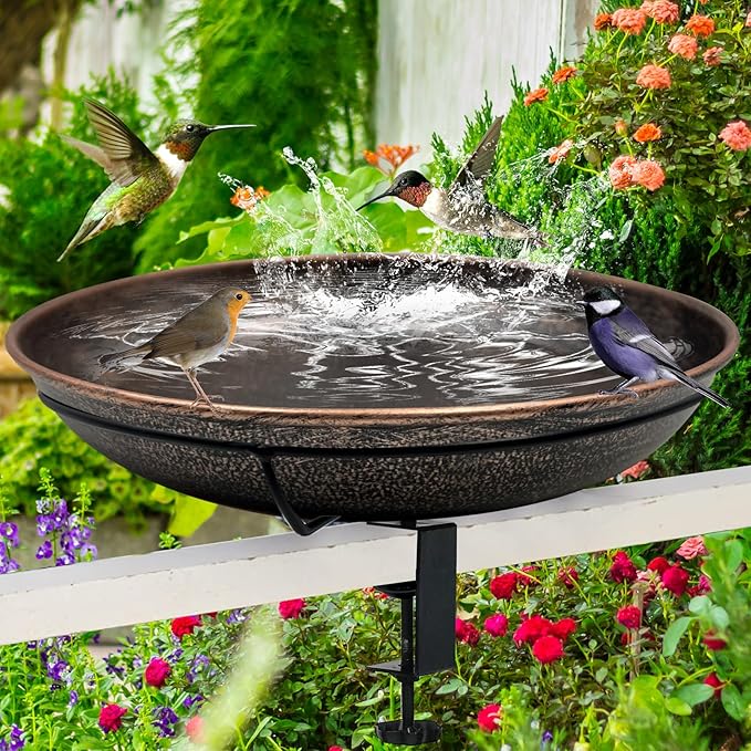 Deck Mounted Bird Bath, Easy to Clean12 Detachable Bath Bowl, Metal Birdbath for Outside with Sturdy Adjustable Clamp for Railing Balcony Fence Outdoor Decor 0.7 Gallon