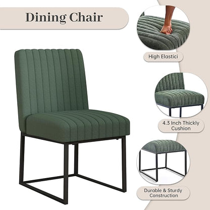 VKNOW Upholstered Dining Chairs, Modern Dining Room Chairs with Stripe, Linen Kitchen Chair Dinner Chair with Black Metal Base for Kitchen Office, Green