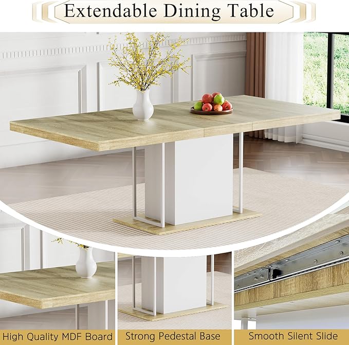 Goujxcy 78.7" Farmhouse Extendable Dining Room Table Set for 4, 5-Piece Rectangle Kitchen Dining Room Table Set with Wood Base and 4 Beige Velvet Dining Chairs, Extending Kitchen & Dining Table Set