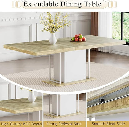 Goujxcy 78.7" Farmhouse Extendable Dining Room Table Set for 8, 9-Piece Rectangle Kitchen Dining Room Table Set with Wood Base and 8 Grey Velvet Dining Chairs, Extending Kitchen & Dining Table Set