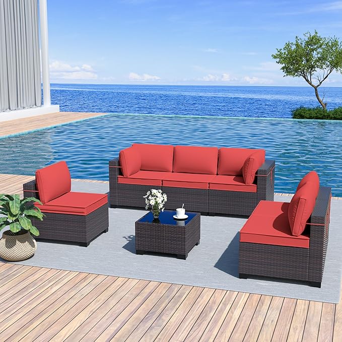Kurapika 7 Pieces Patio Furniture Set, Rattan Wicker Outdoor Conversation Sets w/4 Inch Cushion and Glass Coffee Table(Red)