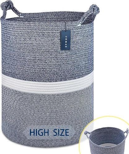 COMSE Extra Large Blanket Basket, Tall Woven Storage Basket, Nursery Hamper, 15.7”x 21.7”, Cotton Rope Laundry Hamper for Toys Clothes Towels, Blend Navy Blue/White