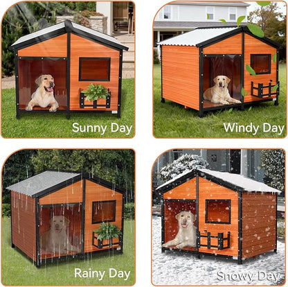 Petsfit Large Dog House Outdoor, Wooden Shelter for Extra Large Breeds Up to 200lbs, Weatherproof Roof, Removable Bottom Panel & Elevated Floor, 47-Inch, Natural Brown