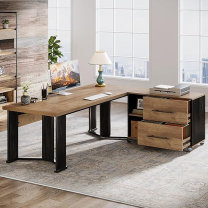 Tribesigns 70.86" Executive Desk with Mobile File Cabinet, Large L Shaped Computer Office Desk with 2 Drawers and Storage Shelves, Business Furniture Desk Workstation for Home Office (Light Brown)