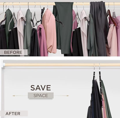 MORALVE Pants Hangers Space Saving - 2 Pack European Beechwood Scarf and Jean Hangers - Closet Organizer and Space Saver Pant Rack, Leggings Hanger, and Scarf Holder with 360° Swivel Hook