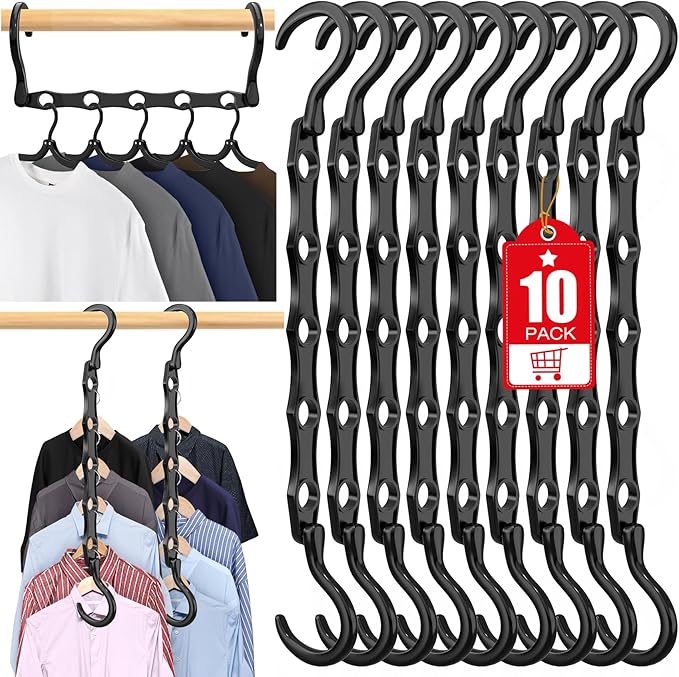 10 Pack Hangers Space Saving Magic Plastic Hanger Organizer Shirt Space Saving Hangers, Multi Clothes Hangers Space Saver for Closet Organizers Storage College Dorm Room Essentials, Black