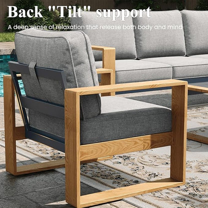 LayinSun 5 Pieces Aluminum Patio Furniture Set with Fire Pit Table, Oversized Seat with Hight Back, Outdoor Conversation Sets for Porch, Balcony, Deck