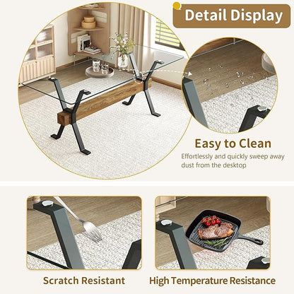 79" Glass Dining Table, Modern Kitchen Table, Modern Dining Table for 8, 0.4" Thick Tempered Glass Tabletop with Matte Black Metal Legs and Wooden Crossbar, Ideal for Dining Room, Kitchen