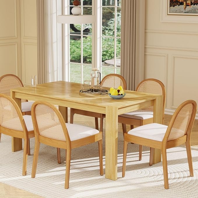 LukeAlon Modern Linen Dining Chairs Set of 6, Natural Woven Rattan Cane Back Side Chairs with Solid Wood Legs Mid Century Dinner Chairs for Kitchen Living Room, Beige