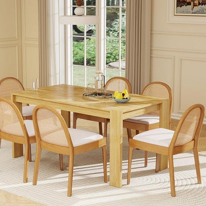 LukeAlon Modern Linen Dining Chairs Set of 6, Natural Woven Rattan Cane Back Side Chairs with Solid Wood Legs Mid Century Dinner Chairs for Kitchen Living Room, Beige
