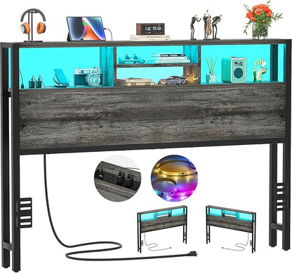 Aheaplus Headboard for Queen Size Bed with Storage, Headboards with Outlets, USB Ports and LED Light, Queen Size Head Board Only, Height Adjustable, Reversible, Sturdy and Stable Headboard, Black Oak
