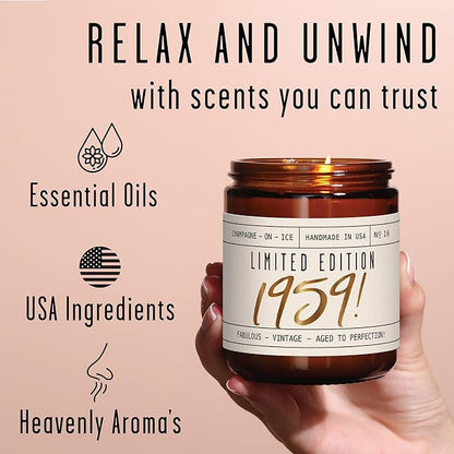 65th Birthday Gifts for Women - 'Limited Edition 1960' Soy Candle, w/Champagne on Ice I 65 Birthday Gifts for Women I 65th Gift for Her Ideas I 9oz Reusable Jar, 50Hr Burn, Made in USA