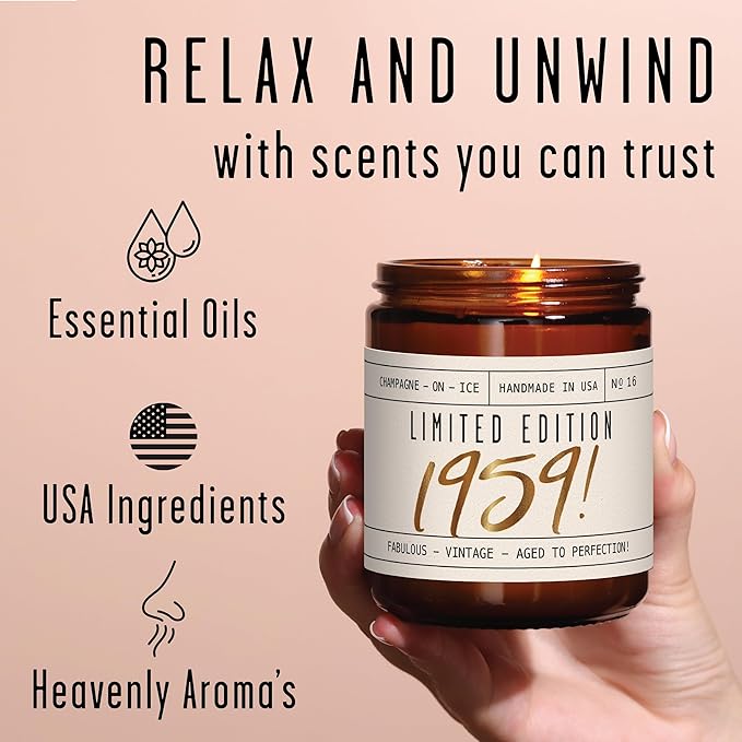 66th Birthday Gifts for Women - 'Limited Edition 1959' Soy Candle, w/Champagne on Ice I 66 Birthday Gifts for Women I 66th Gift for Her Ideas I 9oz Reusable Jar, 50Hr Burn, Made in USA