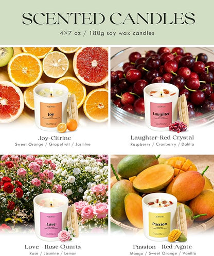 AOOVOO Energy Candles Set for Women - 4 Pack Candles for Home Scented, 28 oz 200 Hour Burn, Aromatherapy Candle with Crystals, Laughter Red Quartz/Love Rose Quartz/Joy Citrine/Passion Red Agate