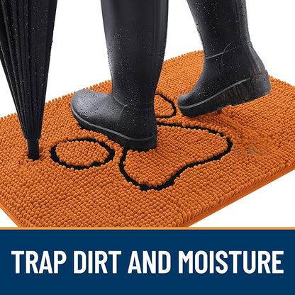 OLANLY Dog Door Mat for Muddy Paws 30x20, Paw Print Design, Absorbs Moisture and Dirt, Absorbent Non-Slip Washable Doormat, Quick Dry Chenille Mud Mat for Dogs, Entry Indoor Entryway Carpet, Clay