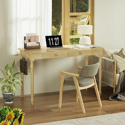 Solid Wood Desk with Drawers - 48 Inch Writing Desk with Drawers, Mid Century Modern Desk with 2 Hooks, Rubber Wood Study Table for Bedroom, Living Room & Office, Natural Boho Desks