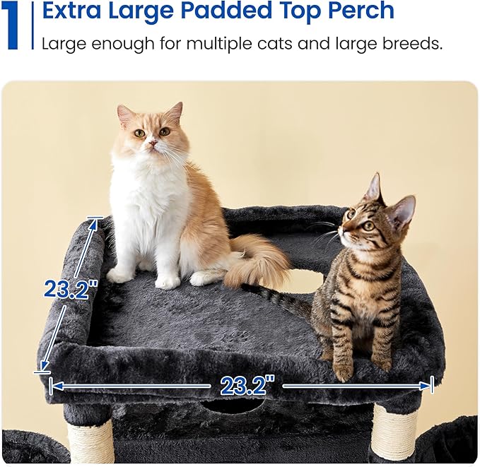 MWPO Extra Large Cat Tree, 77.6-Inch Tall Cat Tower for Indoor Cats with 2 Condos, Multi-Level Cat Stand for Large Cats, 3 Hammocks, Wide Perch, Scratching Posts, Dangling Toys, Smoky Grey