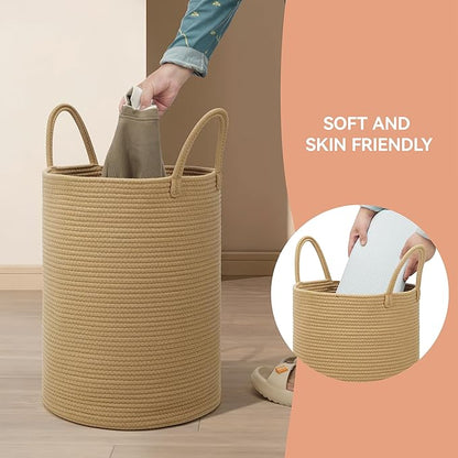 58L Cotton Rope Laundry Basket (20"x15"),Woven Basket for Storage Dirty Clothes Basket for Laundry, Living Room, Nursery, Bedroom Rope Storage Basket for Blankets（Brown）