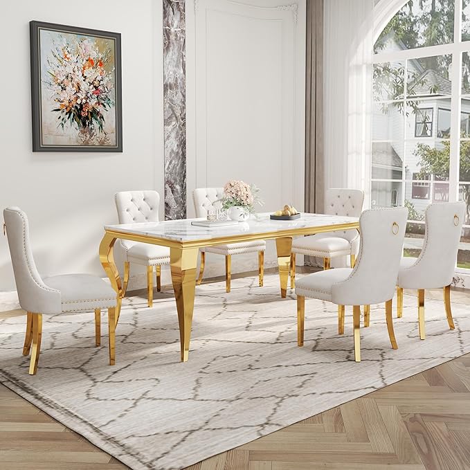 7-Piece Dining Table Set for 6, Faux Marble Dining Table Set with 70'' Marble Dinner Table and 6 Velvet Wing Back Chairs for Kitchen, Dining Room, White & Gold