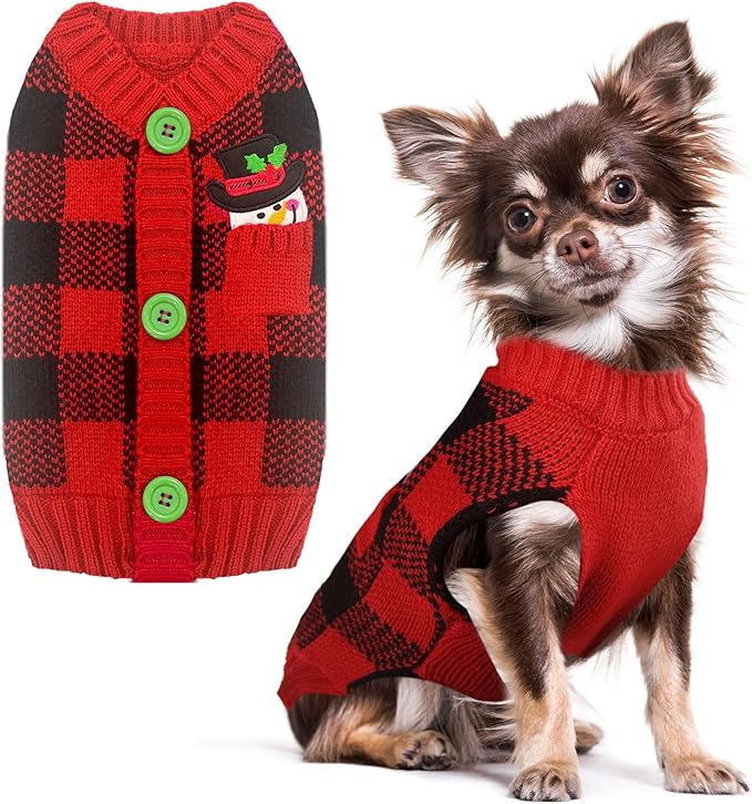 PETCARE Dog Christmas Sweater V-Neck Warm Knitted Puppy Sweaters Vest Cute Red Plaid Snowman Xmas Clothes Outfit for Small Medium Large Dogs Cat Pet Pullover (Decorative Buttons. Can't Untie)