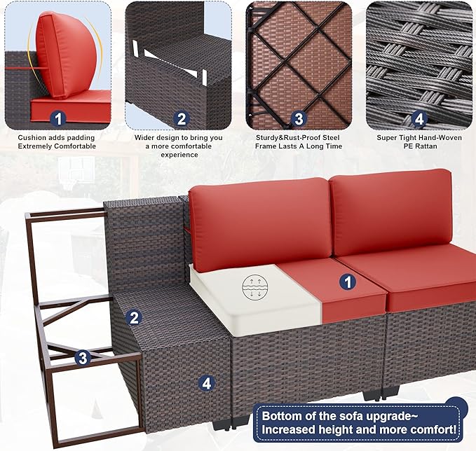 Kurapika 11 Pieces Patio Furniture Set, Rattan Wicker Outdoor Conversation Sets w/43in Propane Fire Pit Table and 4 Inch Cushion(Red)