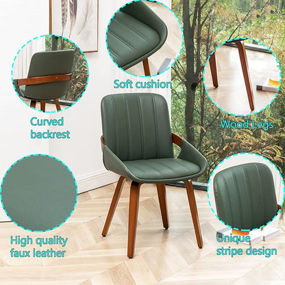 Mid Century Modern Faux Leather Upholstered Dining Chairs Set of 2,Armless Accent Chairs with Sturdy Natural Wood Legs,Bamboo Backrest Support for Kitchen&Dining Room Chairs(Green PU)