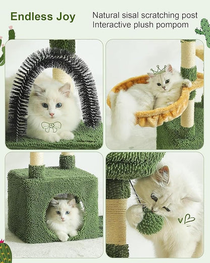 HOOPET 32IN Cactus Cat Tree for Indoor Cats - Multi-Level Cat Tower with Hammock, Condo, Scratching Posts, Self-Grooming Brush & Play Ball - Space-Saving Cat Furniture for Small Apartments
