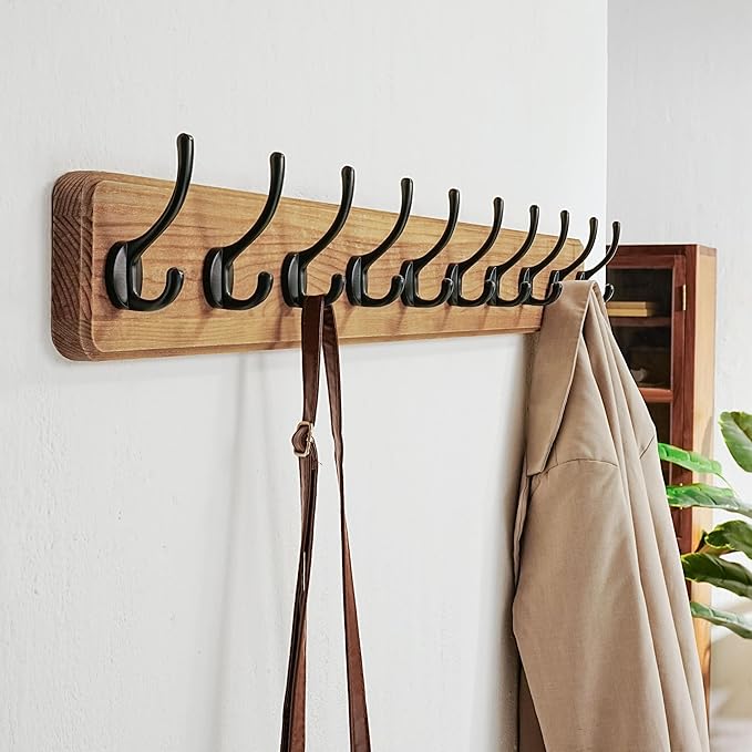 Dseap Coat Rack Wall: 38-1/4" Long, Patented, Heavy-Duty, 10-Double-Hooks Wooden Wall Mounted Coat Rack Coat Hanger Hook Rail for Winter Coats Hat Jacket Clothing, Weathered Brown, Pack of 2