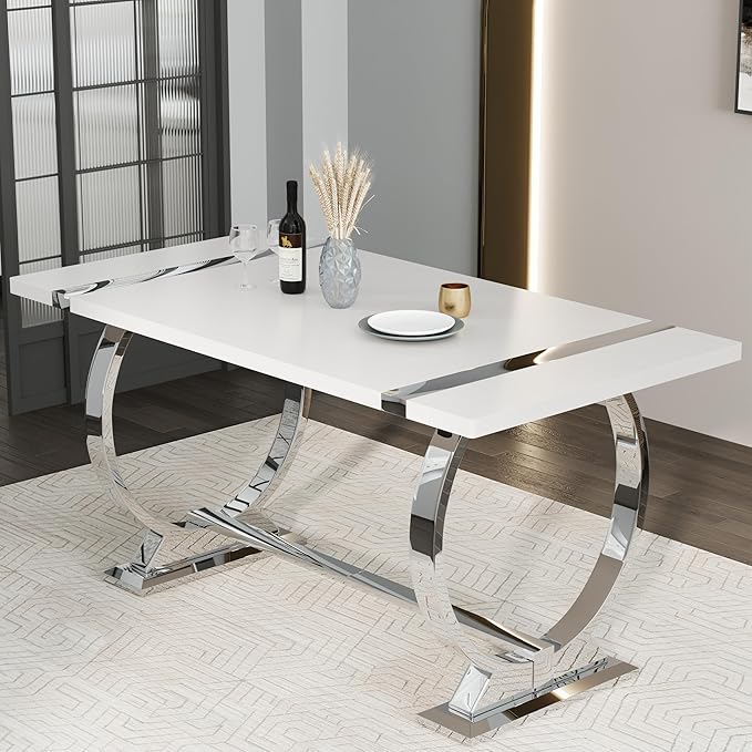 ACEDÉCOR 60in White and Silver Dining Table for 4-6, Modern Luxury Kitchen Room Table with Rectangular Lacquer Top and Silver Stainless Steel Circle Base