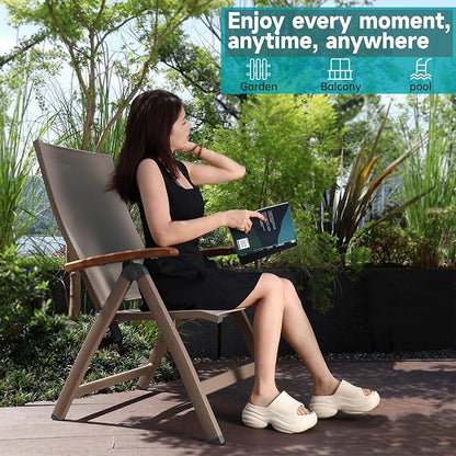 Adjustable Folding Chair, Indoor & Outdoor Balcony, Patio Porch, Garden Lawn, Pool, for Comfortable Foldable Chairs, Portable Cozy Recliner, Metal Frame with Teak armrest, Durable
